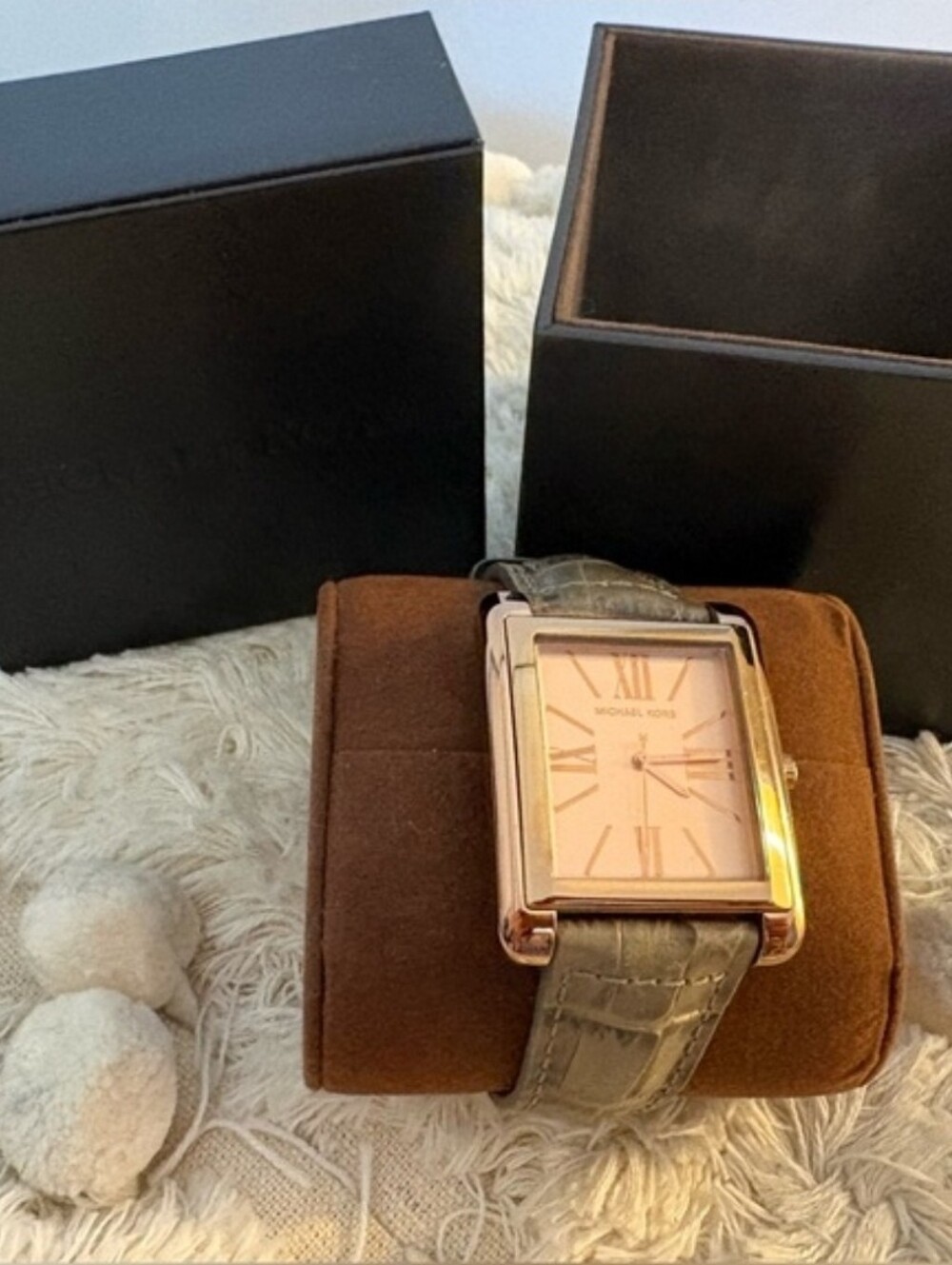Michael Kors Rose Gold Square Grey Crocodile Leather Strap Watch New Battery